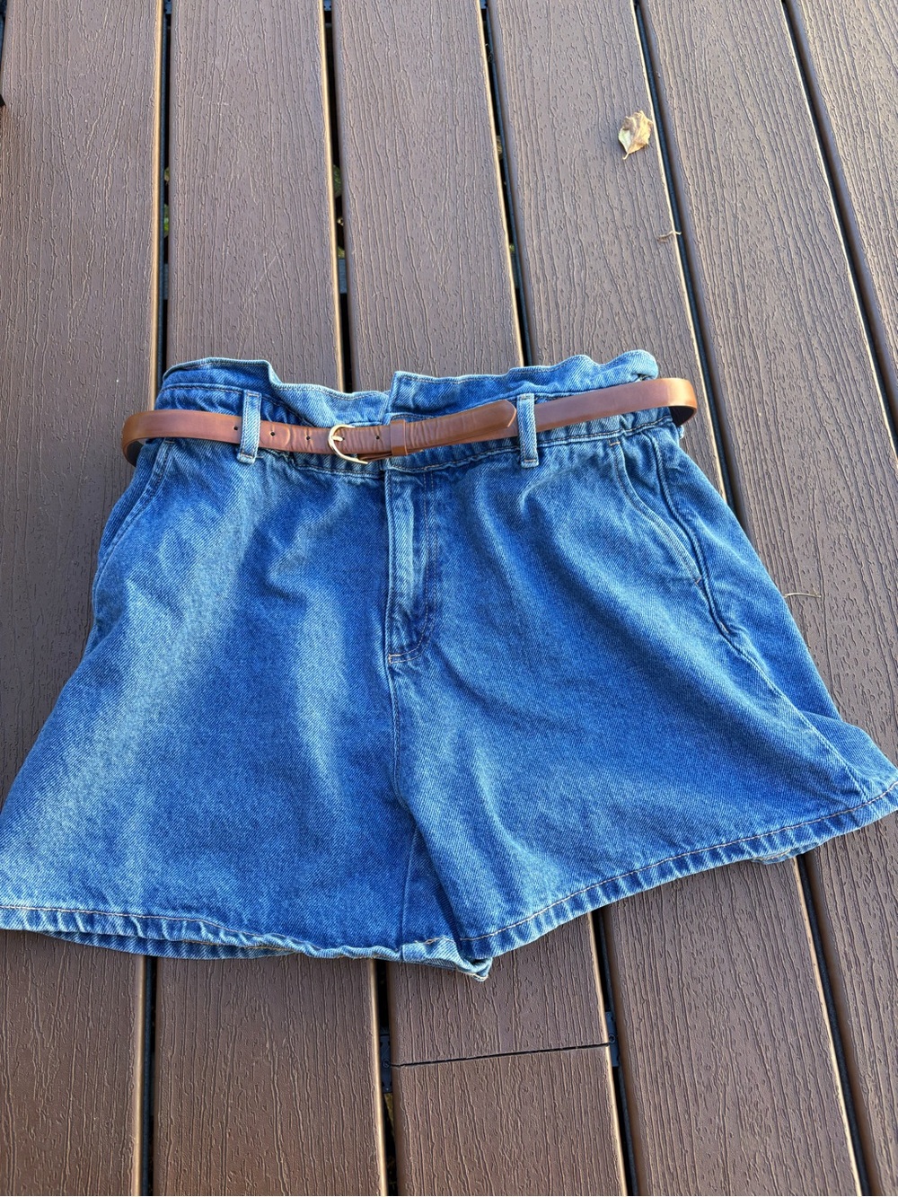Zara Blue Denim Paperbag Waist Shorts with Brown Belt